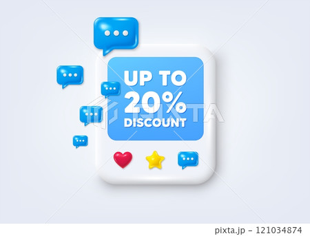 Social media post 3d frame. Up to 20 percent discount. Sale offer price sign. Special offer symbol. Save 20 percentages. Discount tag message frame. Photo banner with speech bubbles. Vector 121034874