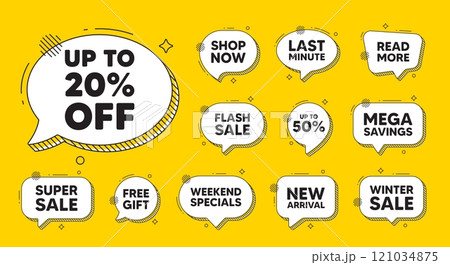 Offer speech bubble icons. Up to 20 percent off sale. Discount offer price sign. Special offer symbol. Save 20 percentages. Discount tag chat offer. Speech bubble discount banner. Vector Offer speech bubble icons. Up to 20 percent off sale. Discount offer price sign. Special offer symbol. Save 20 percentages. Discount tag chat offer. Speech bubble discount banner. Vector 121034875