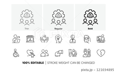 Social care, Video conference and Disability line icons. Pack of Teacher, Donate, Broken heart icon. Shop app, Mental health, Market seller pictogram. Medical analyzes, Thermometer, Hold heart. Vector 121034895