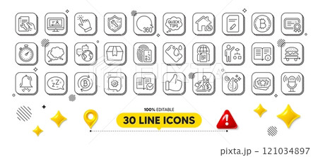 Salary, Package box and Algorithm line icons pack. 3d design elements. Refresh bitcoin, Online video, Smartphone waterproof web icon. Sleep, Quick tips, Food delivery pictogram. Vector 121034897