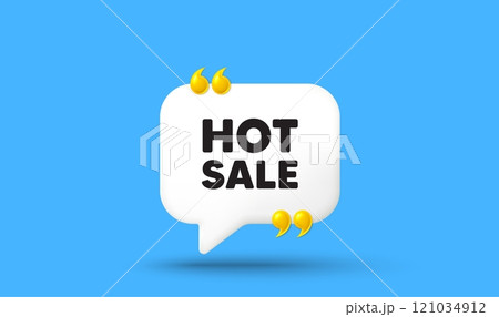 Hot Sale tag. Chat speech bubble 3d icon with quotation marks. Special offer price sign. Advertising Discounts symbol. Hot sale chat message. Speech bubble banner. White text balloon. Vector 121034912