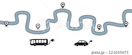 Electric bus and car. Road track with pins 121035071