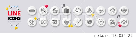 Fireworks, World money and Rainy weather line icons. White buttons 3d icons. Pack of Helping hand, Qr code, World brand icon. Justice scales, Correct answer, Journey pictogram. Vector Fireworks, World money and Rainy weather line icons. White buttons 3d icons. Pack of Helping hand, Qr code, World brand icon. Justice scales, Correct answer, Journey pictogram. Vector 121035129