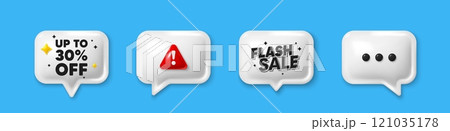 Offer speech bubble 3d icons. Up to 30 percent off sale. Discount offer price sign. Special offer symbol. Save 30 percentages. Discount tag chat offer. Flash sale, danger alert. Vector 121035178