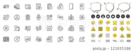 Set of Lock, Accounting wealth and Internet documents line icons for web app. Design elements, Social media icons. Scroll down, Fake news, Cardio training icons. Vector 121035186