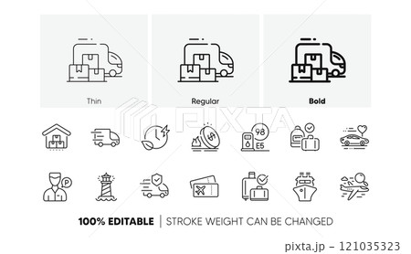 Transport insurance, Ship and Truck delivery line icons. Pack of Carry-on baggage, Petrol station, Gas price icon. Boarding pass, Storage, Search flight pictogram. Charging time. Line icons. Vector 121035323