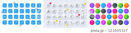 Charging station, Buildings and Brush line icons. Square, Gradient, Pin 3d buttons. AI, QA and map pin icons. Pack of Solar panel, Antistatic, Open door icon. Vector 121035327