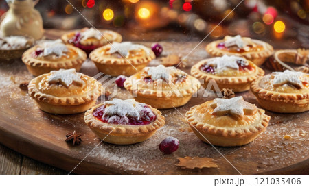 Box of homemade mince pies. Traditional sweet Christmas food. 121035406