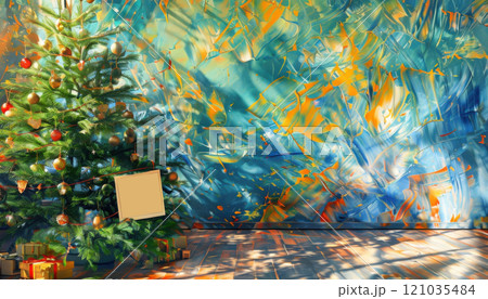 Evergreen Christmas tree. Winter holidays scene oil painting. 121035484
