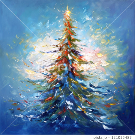 Evergreen Christmas tree. Winter holidays scene oil painting. 121035485