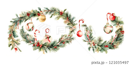 Watercolor wreath and elements with traditional winter decorations. Perfect design addition for invitations, greeting cards, prints, stickers. 121035497