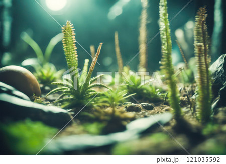 Prehistoric-inspired gardens in modern city decoration. Vegetation in park. Urban jungle. Futuristic cityscape with ancient ecosystems. 121035592