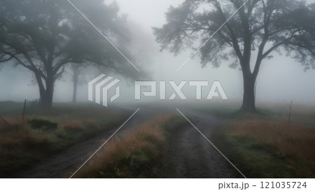 Foggy landscape with footpath and trees. 121035724