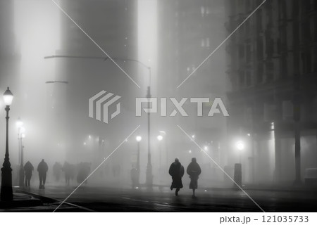 Foggy city street with blurred lights and silhouettes. 121035733
