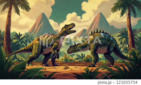 Dinosaurs and prehistoric plants. Illustration in retro style. 121035734