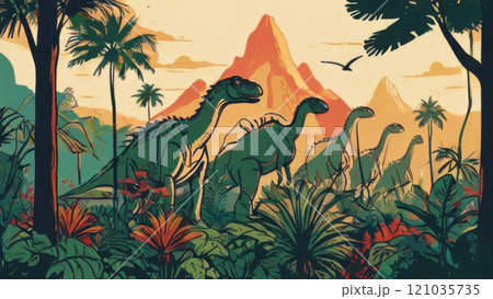 Dinosaurs and prehistoric plants. Illustration in retro style. 121035735