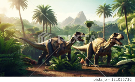 Dinosaurs and prehistoric plants. Illustration in retro style. 121035736