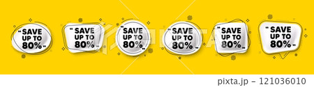 Save up to 80 percent tag. Speech bubble 3d icons set. Discount Sale offer price sign. Special offer symbol. Discount chat talk message. Speech bubble banners with comma. Text balloons. Vector Save up to 80 percent tag. Speech bubble 3d icons set. Discount Sale offer price sign. Special offer symbol. Discount chat talk message. Speech bubble banners with comma. Text balloons. Vector 121036010