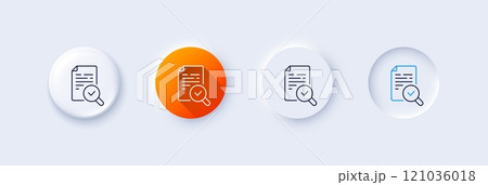 Inspect line icon. Neumorphic, Orange gradient, 3d pin buttons. Quality research sign. Verification document symbol. Line icons. Neumorphic buttons with outline signs. Vector 121036018