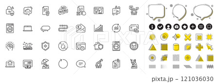 Set of Cloud communication, Methodology and Laptop line icons for web app. Design elements, Social media icons. Dryer machine, Tax documents, Cyber attack icons. Vector 121036030
