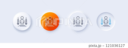 Coronavirus two injections line icon. Neumorphic, Orange gradient, 3d pin buttons. Corona vaccine syringe sign. Covid jab symbol. Line icons. Neumorphic buttons with outline signs. Vector 121036127