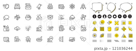 Set of Food delivery, Chemistry atom and Technical documentation line icons for web app. Design elements, Social media icons. Petrol station, Puzzle image, Fireworks icons. Vector 121036244