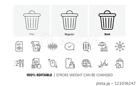 Talk, Trash bin and Qr code line icons. Pack of View document, Approved message, Sound wave icon. Support, Food delivery, Internet search pictogram. Inflation, Scroll down, Phone wallet. Vector Talk, Trash bin and Qr code line icons. Pack of View document, Approved message, Sound wave icon. Support, Food delivery, Internet search pictogram. Inflation, Scroll down, Phone wallet. Vector 121036247