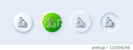Skyscraper buildings line icon. Neumorphic, Green gradient, 3d pin buttons. City architecture with tree sign. Town symbol. Line icons. Neumorphic buttons with outline signs. Vector Skyscraper buildings line icon. Neumorphic, Green gradient, 3d pin buttons. City architecture with tree sign. Town symbol. Line icons. Neumorphic buttons with outline signs. Vector 121036248