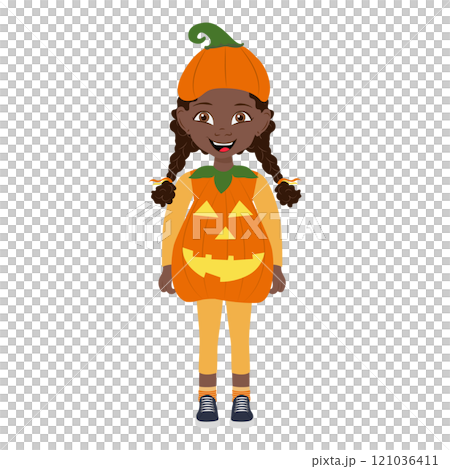 Flat  Illustration of Cute African American Kid Girl Wearing a Pumpkin Halloween Costume. Item 2 121036411