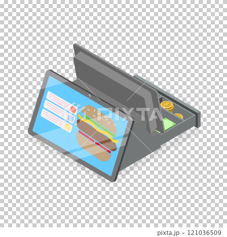 3D Isometric Flat Illustration of Fast Food Checkout Terminal. Item 1 3D Isometric Flat Illustration of Fast Food Checkout Terminal. Item 1 121036509