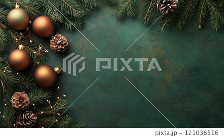Modern Christmas Card Mockup With Stylish Decorations And Fir Branches On Green Background. Empty Postcard Template For Text. Celebrate Merry Christmas! 121036516
