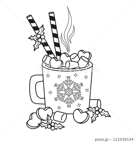 Outline Christmas cup Festive Hot Cocoa with Marshmallows, sweet striped candy and holly. Vector illustration. New Year. Line drawing, coloring book. Vector illustration. Kids collection. 121036534