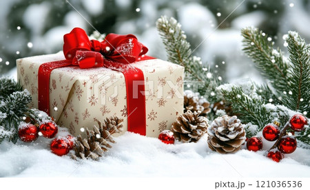 Elegant Classic Style Christmas Greeting Card With Frame Of Christmas Decorations, Gift, And Fir-Tree On White Background For Copy Space 121036536