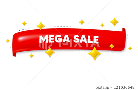 Red ribbon banner with 3d stars. Mega Sale. Special offer price sign. Advertising Discounts symbol. Mega sale ribbon message. Flag frame banner with star. Label badge template. Vector 121036649