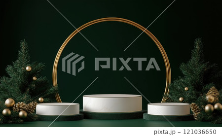 Golden Christmas Decoration And Empty Podiums On Green Background With Blank Space For Product Advertising Presentation. Front View Display Golden Christmas Decoration And Empty Podiums On Green Background With Blank Space For Product Advertising Presentation. Front View Display 121036650