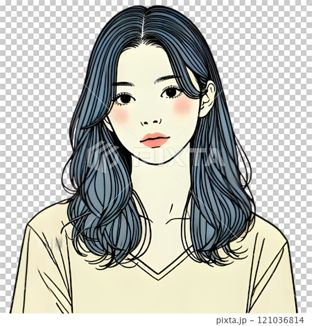 A young woman with wavy medium hair wearing a V-neck shirt 121036814