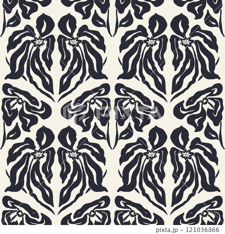 Monochrome black and white brush strokes inky flowers seamless pattern damask style Monochrome black and white brush strokes inky flowers seamless pattern damask style 121036866