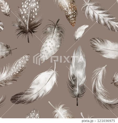 Watercolor seamless pattern with feathers and plumes. Hand-drawn illustration of avian motifs with a vintage and ethnic touch. Perfect for textile, wallpaper, or wrapping paper design. 121036975
