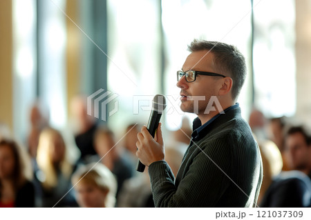 A passionate speaker addresses a large audience, holding a microphone and engaging attendees in thought-provoking dialogue. 121037309
