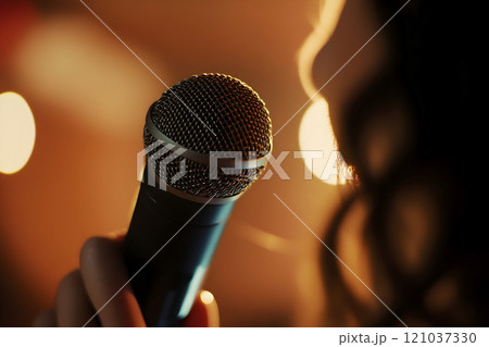 A performer prepares to take the stage, holding a microphone close, ready to share their voice in a cozy setting filled with warm lighting and eager listeners. The atmosphere buzzes with anticipation. 121037330
