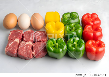 An attractive display features ripe bell peppers in red, green, and yellow, alongside fresh eggs and succulent beef cuts, creating a vibrant tableau perfect for cooking enthusiasts. 121037331