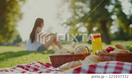 Enjoying a serene picnic in a lush park, a young woman relaxes on the grass while baskets filled with bread and a bright drink rest nearby, embodying a peaceful summer afternoon. 121037332