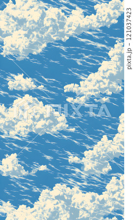 Fluffy white clouds float gracefully above a vibrant blue canvas, creating a peaceful atmosphere. The gentle ripples of the sky evoke a sense of calm and inspiration. 121037423