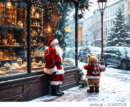In a picturesque winter setting, a figure in a classic red and white suit joyfully interacts with a young character wearing a cozy red outfit in front of a beautifully decorated jewelry store. 121037520