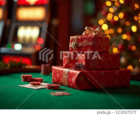 Colorful gifts rest on a green felt casino table, surrounded by poker chips and playing cards, all set against a sparkling Christmas tree backdrop, capturing the spirit of celebration. 121037577