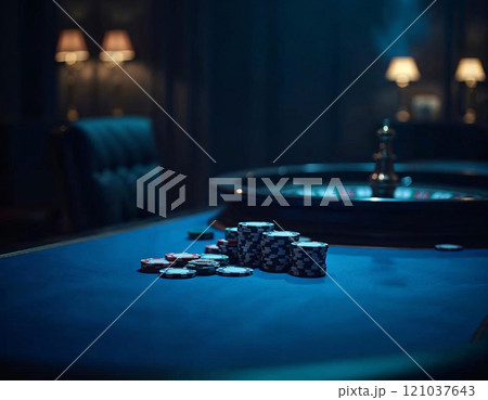 Soft light glimmers on a green felt table, where vibrant stacks of chips are carefully arranged. 121037643