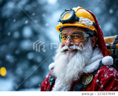 Santa Claus, dressed in his traditional red suit, sports a yellow hard hat as he braves the snowy weather, bringing happiness to everyone around him. 121037644