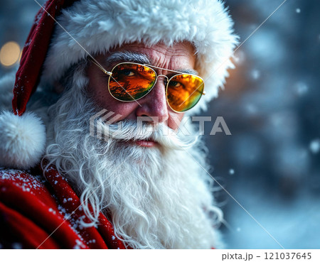 An elderly gentleman dressed as Santa Claus stands in a snowy atmosphere, wearing stylish sunglasses. 121037645