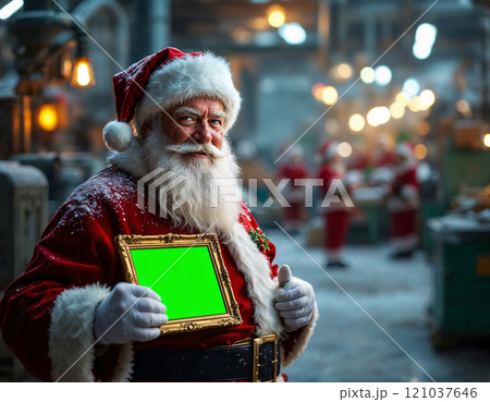 Amidst a vibrant workshop, Santa Claus beams with joy while holding a green-framed sign. 121037646