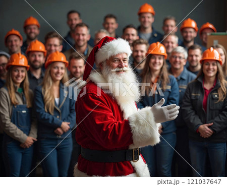 In a warm indoor setting, Santa Claus stands happily in front of a jubilant group of construction workers wearing orange helmets and smiling broadly, embracing the festive spirit. 121037647